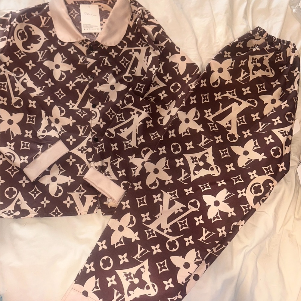 Luxury Monogram Satin Pajama Set - Brown & Cream